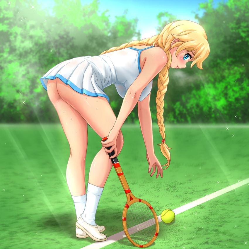 ass ball bare_arms bare_shoulders blonde_hair blue_eyes blue_sky blush braid breasts covered_nipples day dress everlasting_summer full_body grass hanging_breasts highres huyase large_breasts leaning_forward light_rays long_hair looking_at_viewer no_panties outdoors parted_lips racket reaching shoes short_dress sky slavya-chan socks solo sparkle sunbeam sunlight sweat tennis_ball tennis_racket thighs tree twin_braids white_dress white_legwear