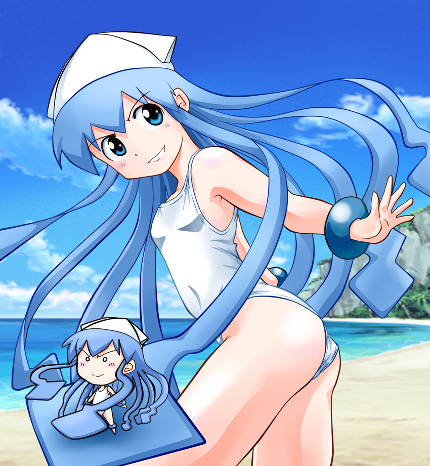 1girl ass blue_eyes blue_hair hat highres ikamusume long_hair multiple_views rokushaku_neko shinryaku!_ikamusume solo swimsuit tentacle_hair