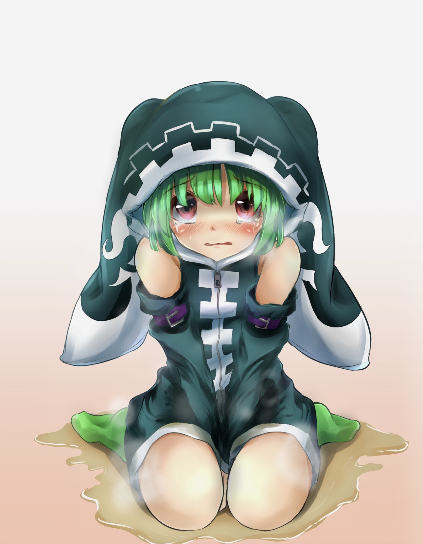 aqua_dress bangs bare_shoulders between_legs blush character_request darashi_na_panda detached_sleeves dress embarrassed eyebrows_visible_through_hair female full_body gradient gradient_background green_legwear hand_between_legs hands_together highres hood hooded_dress looking_at_viewer nose_blush open_mouth peeing peeing_self puddle red_eyes shironeko_project short_dress simple_background sitting sleeveless sleeveless_dress socks solo steam tears v_arms wet wet_clothes zipper_pull_tab
