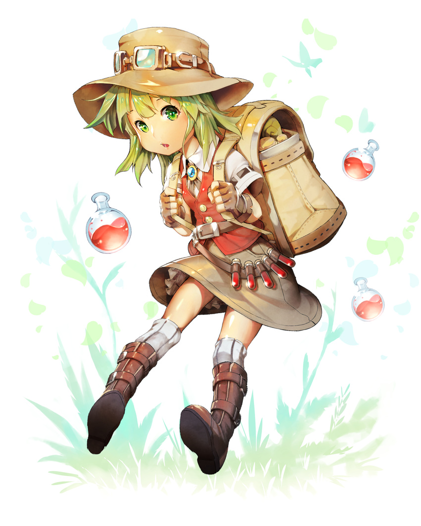 absurdres backpack bag dress goggles green_eyes green_hair hat highres looking_at_viewer original potion round-bottom_flask segamark short_hair smile solo test_tube