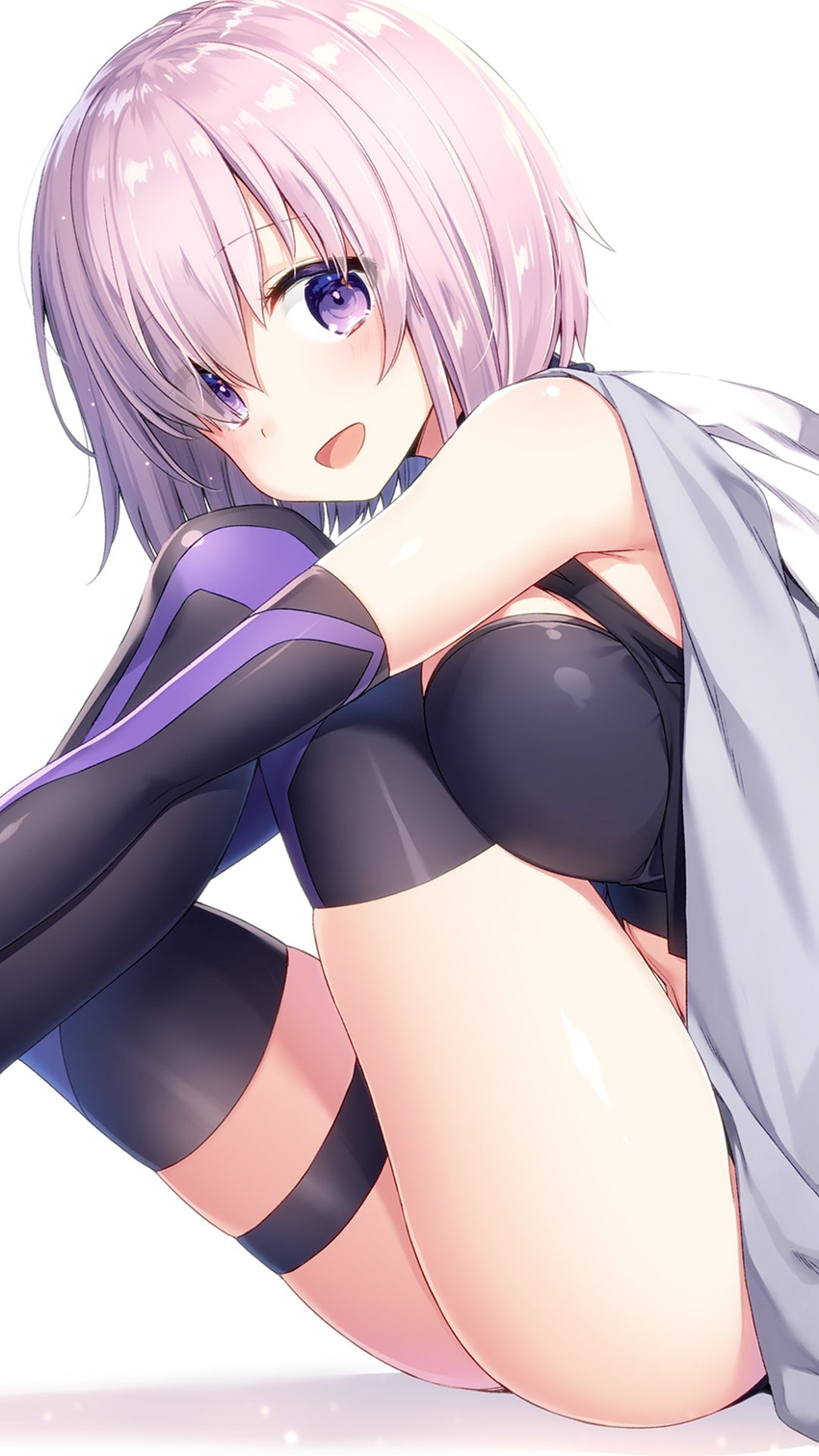 bare_shoulders between_breasts blush bodysuit breasts elbow_gloves eyebrows_visible_through_hair fate/grand_order fate_(series) from_side gloves highres looking_at_viewer mash_kyrielight masuishi_kinoto medium_breasts pink_hair purple_eyes short_hair simple_background sitting skindentation solo thigh_strap thighhighs white_background