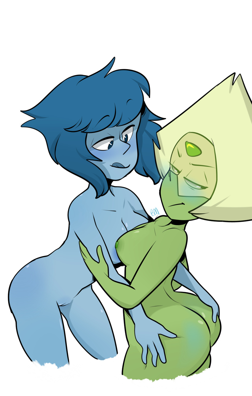 alien blue_hair blue_skin blush blushmallet breasts butt butt_grab cartoon_network female female/female gem_(species) green_hair green_skin hair hand_on_butt humanoid lapis_lazuli_(steven_universe) looking_back nipples not_furry nude peridot_(steven_universe) pussy steven_universe tongue