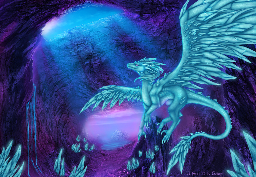 ambiguous_gender blue_feathers blue_hair cave claws day detailed_background dragon feathered_dragon feathered_wings feathers feral hair selianth wings