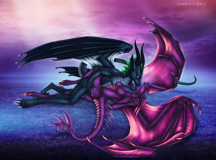 anthro black_body black_scales breasts day dragon duo eyes_closed female hi_res horn lying male membrane_(anatomy) membranous_wings mythological_creature mythological_scalie mythology nipples non-mammal_breasts nude outside purple_body purple_scales scales scalie selianth sex spines tail wings yellow_eyes