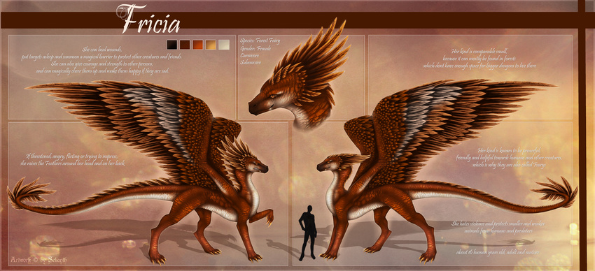 brown_eyes claws dragon english_text feathered_dragon feathered_wings feathers female feral model_sheet selianth solo standing text wings