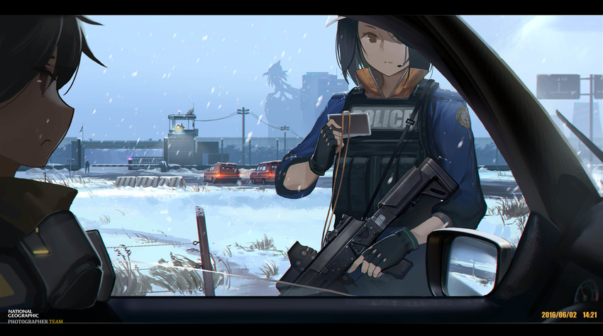 1girl :&lt; absurdres ak-12 barbed_wire barrier black_gloves black_hair brown_eyes bulletproof_vest car_interior card chromatic_aberration commentary_request dated doitsu_no_kagaku driving eotech fingerless_gloves frown gate gloves grey_sky guard_tower gun headset highres holding holding_card holding_gun holding_weapon id_card lanyard left-hand_drive looking_at_another national_geographic original outdoors police police_uniform power_lines road_sign satellite_dish searchlight short_hair sign silhouette snow snowing tower trigger_discipline uniform weapon wire_fence