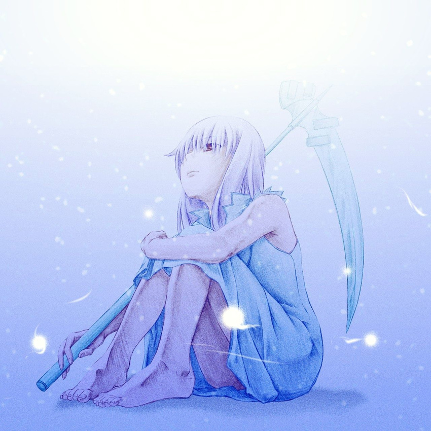 barefoot dress faux_traditional_media highres lavender_hair long_hair looking_up momo_(shinigami_no_ballad) red_eyes roki156 scythe shinigami_no_ballad sitting sleeveless solo white_dress