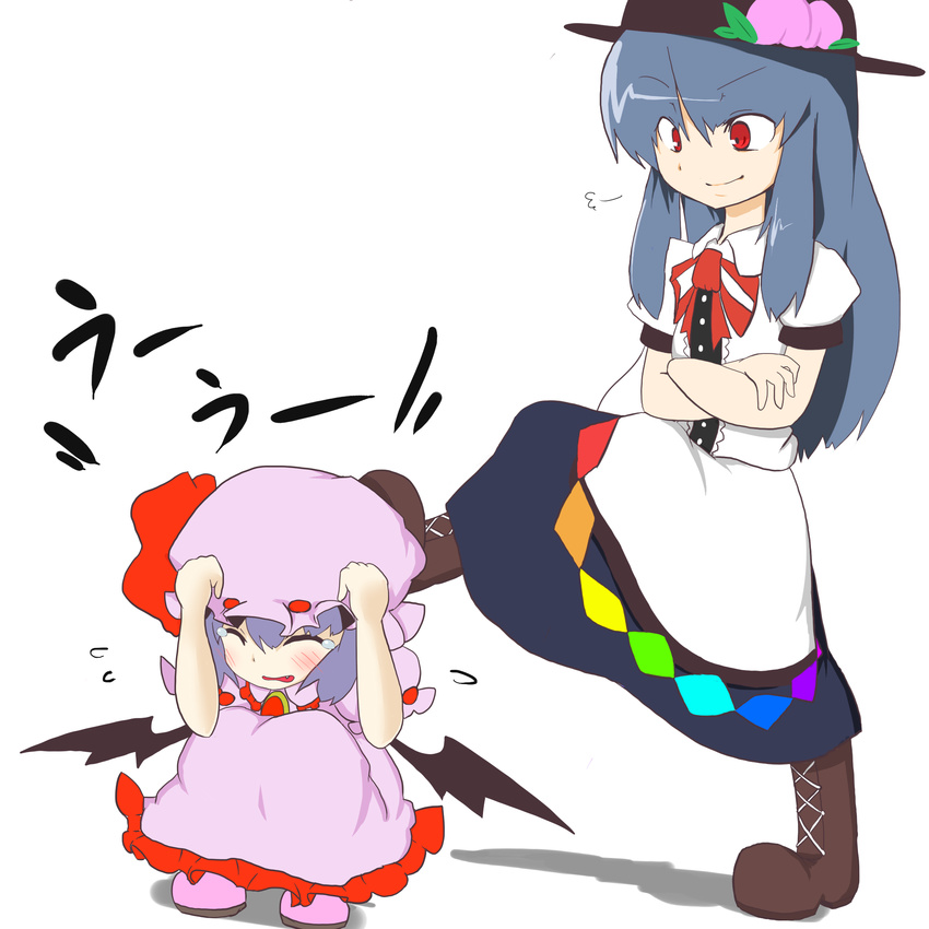 bad_id bad_pixiv_id bat_wings blue_hair boots bullying closed_eyes cowering cross-laced_footwear fang hat highres hinanawi_tenshi hiyokichi lace-up_boots multiple_girls purple_hair red_eyes remilia_scarlet tears touhou uu~ wings