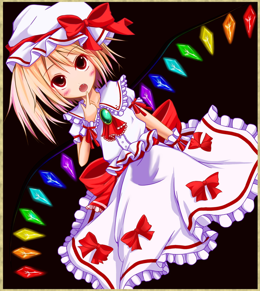 absurdres alternate_costume bad_id bad_pixiv_id blonde_hair blush bow cosplay emina flandre_scarlet highres ponytail remilia_scarlet remilia_scarlet_(cosplay) short_hair solo touhou wings