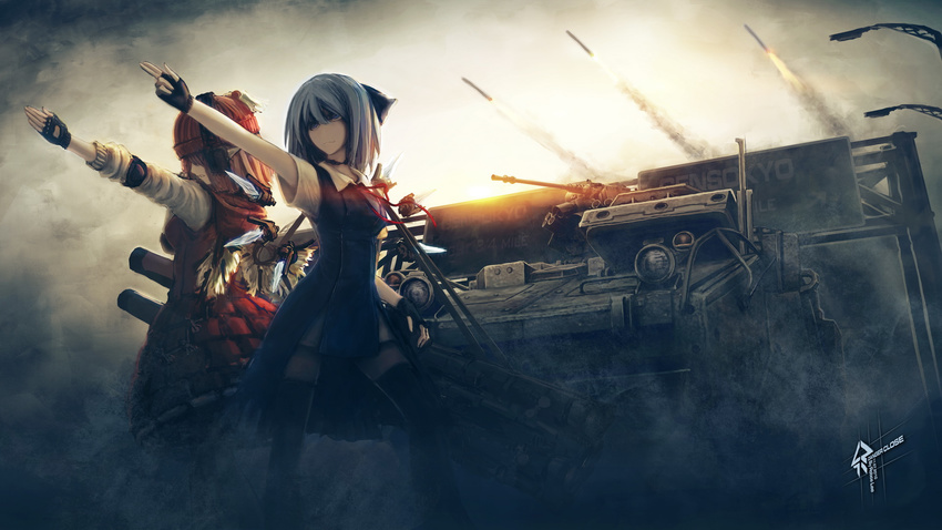 adapted_costume armored_fighting_vehicle beanie black_legwear blue_eyes blue_hair bow cirno contemporary dress fingerless_gloves gloves gun hair_bow hat headphones highres huge_weapon military military_vehicle missile multiple_girls mystia_lorelei no_nose robce_lee short_hair stryker thighhighs touhou weapon wings