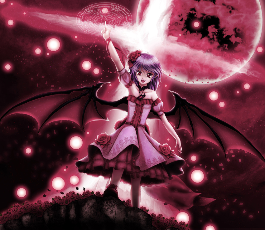 adapted_costume alternate_costume bare_shoulders bat_wings cross danmaku dress flower from_below hair_flower hair_ornament hand_up lavender_hair magic_circle no_hat no_headwear open_mouth petals pink pointing pointing_up red red_eyes red_flower red_rose remilia_scarlet ribbon rose rose_petals short_hair skyspace smile solo touhou wings wrist_ribbon