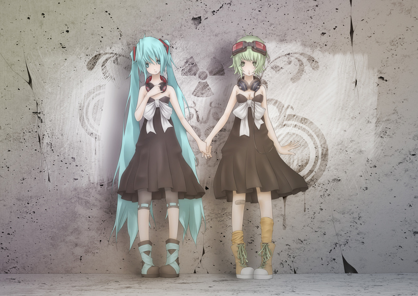 6v6 aqua_eyes aqua_hair bandaid boots breasts cleavage dress goggles goggles_on_head green_eyes green_hair gumi hatsune_miku head_tilt headphones holding_hands long_hair medium_breasts multiple_girls socks strapless strapless_dress twintails very_long_hair vocaloid