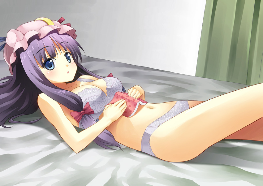 bad_id bad_pixiv_id blue_eyes book bra breasts cleavage crescent hat heart lingerie long_hair lying medium_breasts navel on_back panties patchouli_knowledge purple_eyes purple_hair rasahan solo touhou underwear underwear_only