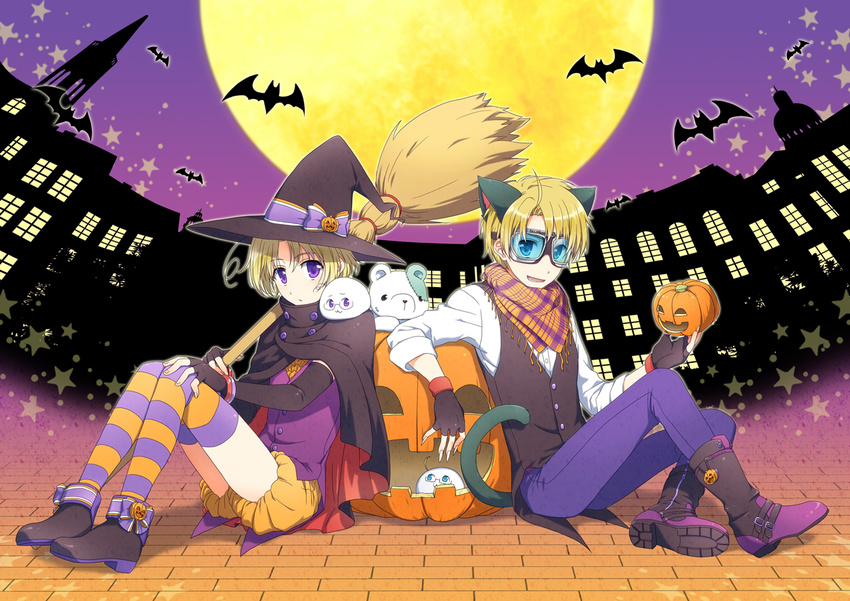 :3 america_(hetalia) animal_ears axis_powers_hetalia bad_id bad_pixiv_id bat blonde_hair blue_eyes boots canada_(hetalia) cape fingerless_gloves full_moon glasses gloves goggles halloween hat jack-o'-lantern kumajirou_(hetalia) male_focus migu moon multicolored multicolored_clothes multicolored_legwear multiple_boys plaid plaid_scarf pumpkin purple_eyes scarf sitting striped striped_legwear tail thighhighs vest witch_hat