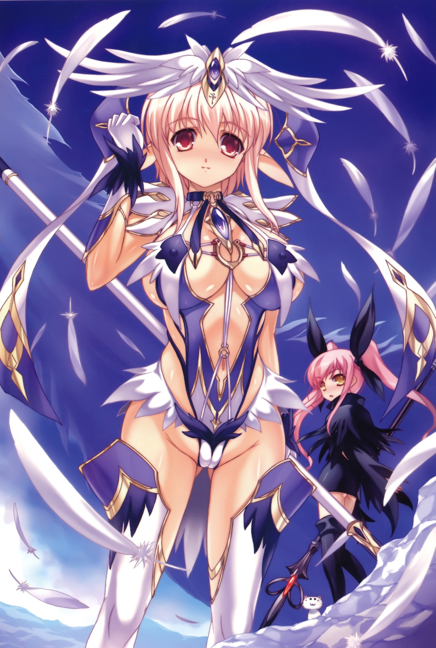 absurdres blonde_hair bow breasts cat covered_nipples destiny_(ishida) feathers gloves hair_bow headdress highres ishida_hiroyuki large_breasts multiple_girls navel original pink_hair pointy_ears polearm red_eyes spear thighhighs twintails weapon yellow_eyes