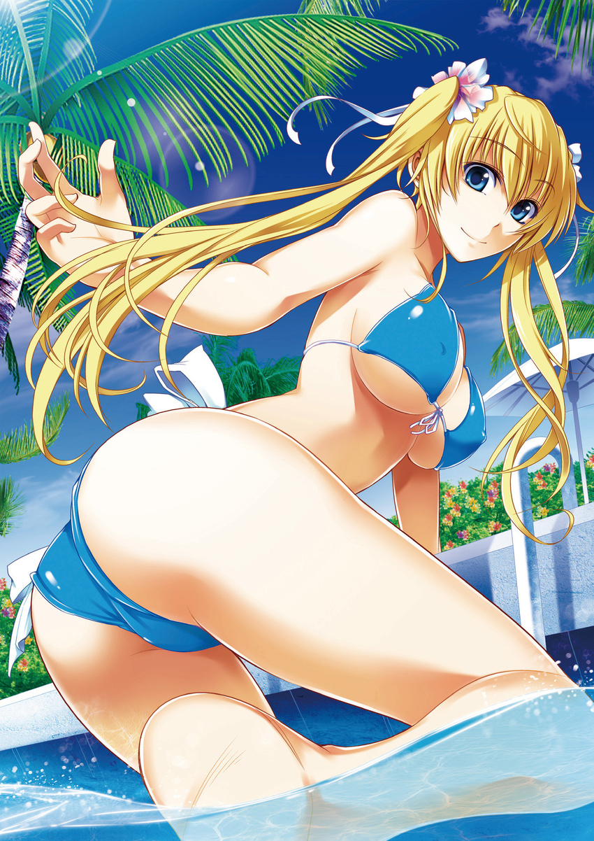 ass barefoot bikini blonde_hair blue_eyes breasts feet foreshortening hands highres large_breasts legs long_hair omega_2-d original palm_tree pool pool_ladder poolside solo swimsuit tree twintails wading water