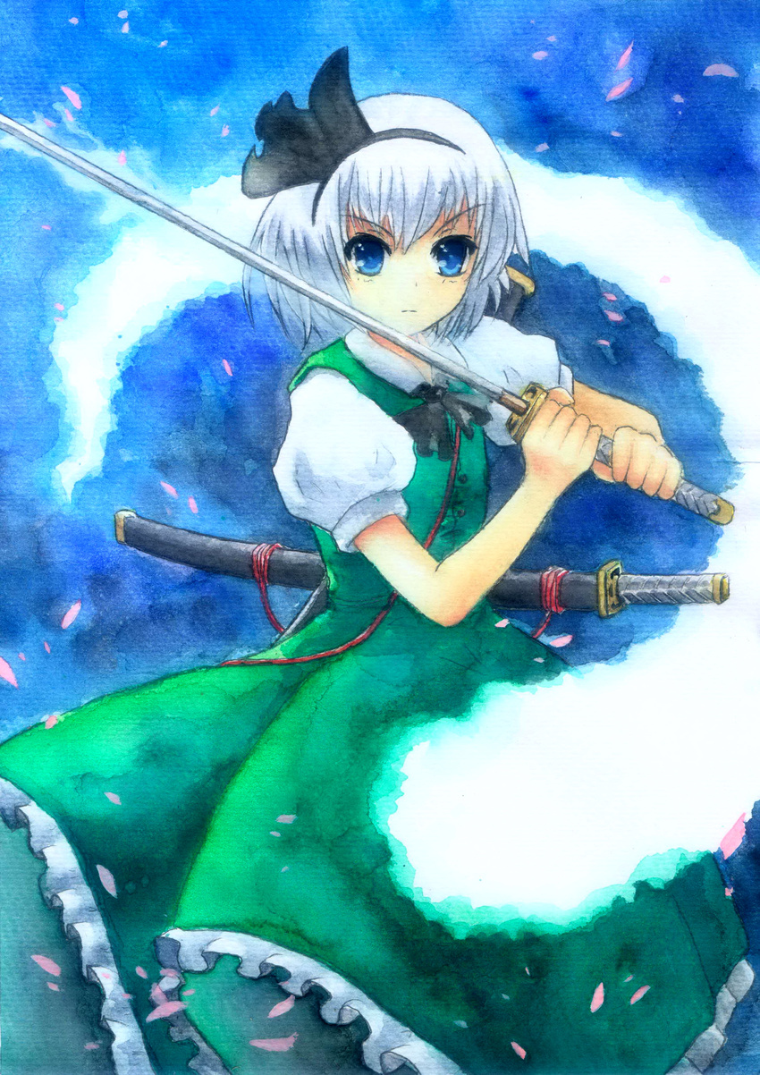 absurdres bad_id bad_pixiv_id black_hairband blue blue_eyes dress fighting_stance ghost hairband highres katana konpaku_youmu konpaku_youmu_(ghost) petals serious short_hair short_sleeves silver_hair solo sword sxbzero touhou traditional_media weapon