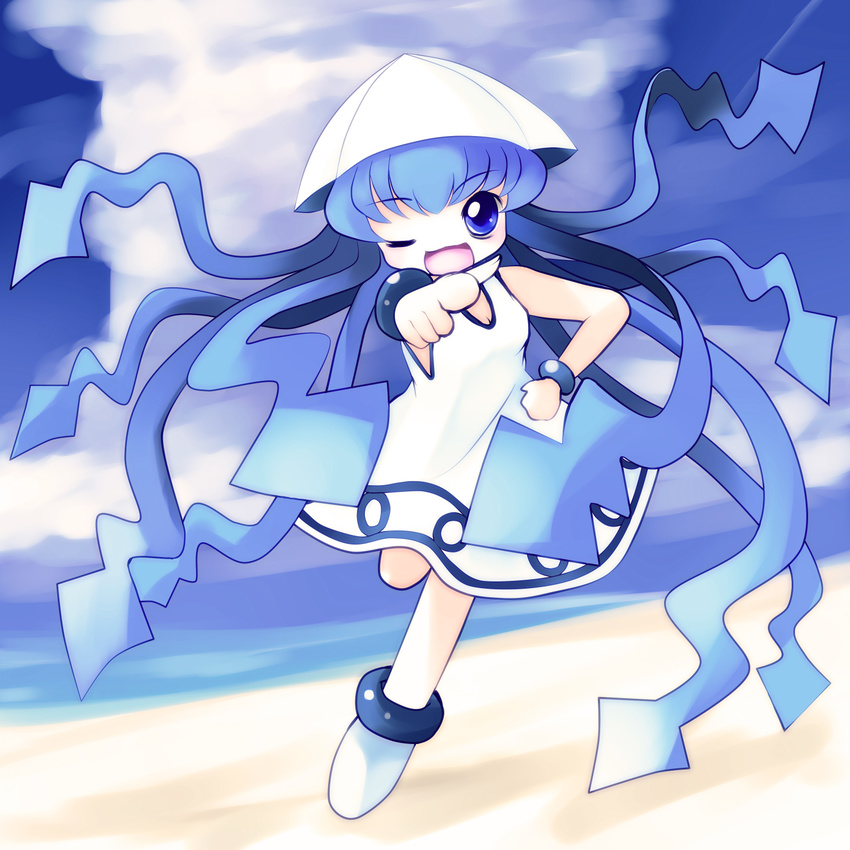 beach blue_eyes blue_hair day flat_chest hand_on_hip highres ikamusume one_eye_closed open_mouth pointing pointing_at_viewer shinryaku!_ikamusume solo tentacle_hair tentacles yume_shokunin