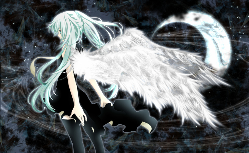 aonoe bad_id bad_pixiv_id crescent_moon dress green_eyes green_hair hatsune_miku long_hair moon necktie solo thighhighs twintails vocaloid wings