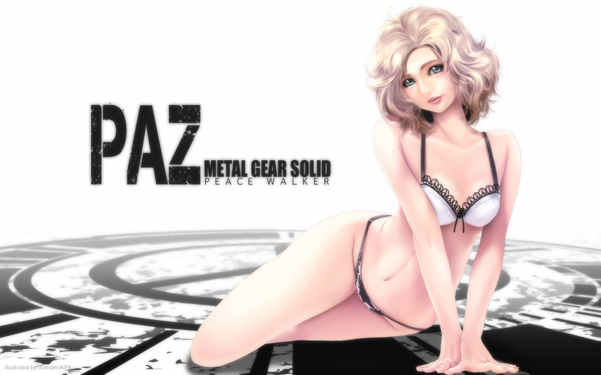 arm_support bad_id bad_pixiv_id blonde_hair blue_eyes blurry bow bow_bra bra breasts character_name copyright_name depth_of_field flat_chest head_tilt highres lace lace-trimmed_bra lace-trimmed_panties leaning lingerie lips lipstick logo looking_at_viewer lying makeup medium_breasts metal_gear_(series) metal_gear_solid_peace_walker navel open_mouth panties paz_ortega_andrade peace_symbol shadow short_hair slender_waist solo sumomo_kpa thighs underwear underwear_only wallpaper wavy_hair white_background white_bra white_panties wide_hips widescreen