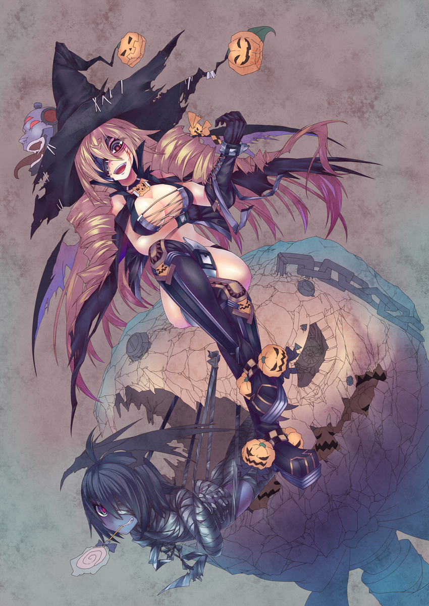 bandages black_hair blonde_hair boots breasts candy cleavage drill_hair elbow_gloves food gloves halloween hat head_wings highres jack-o'-lantern lollipop long_hair mamuru medium_breasts multiple_girls mummy open_mouth original pumpkin red_eyes short_hair smile thigh_boots thighhighs wings witch witch_hat