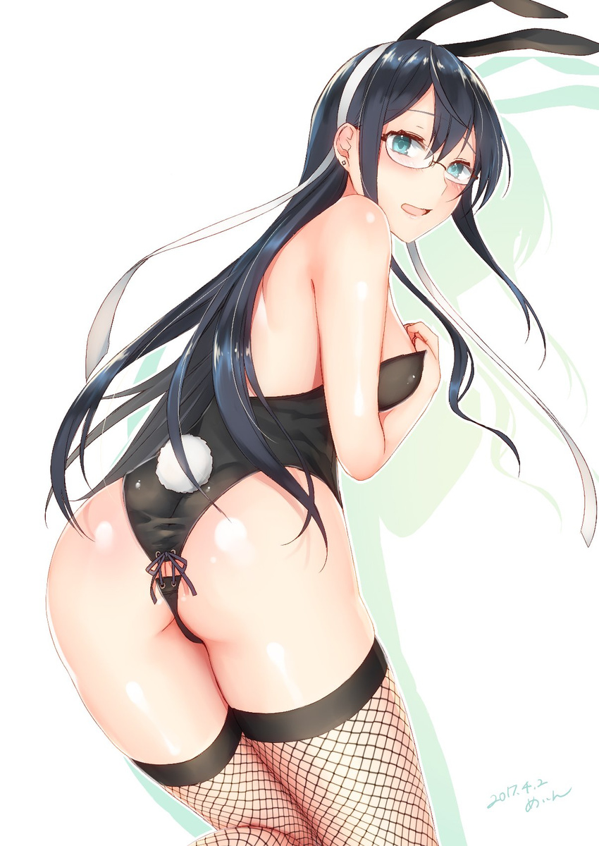 alternate_costume animal_ears aqua_eyes ass black_hair black_leotard blush breasts bunny_ears bunny_girl bunny_tail bunnysuit cowboy_shot earrings fake_animal_ears fishnet_legwear fishnets from_behind glasses hair_between_eyes highres jewelry kantai_collection large_breasts leaning_forward leotard long_hair looking_at_viewer off_shoulder ooyodo_(kantai_collection) sakiryo_kanna solo standing standing_on_one_leg tail thighhighs thighs