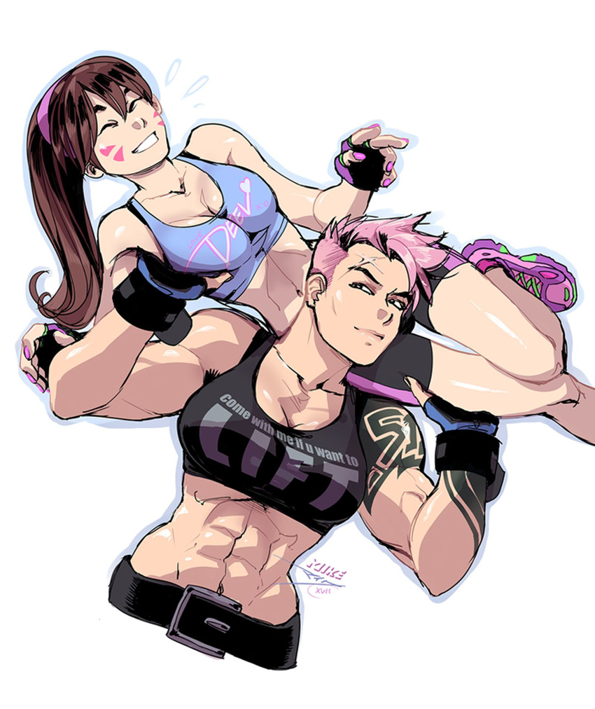 abs armpit_hair belt bike_shorts breasts brown_hair clothes_writing commentary cropped_torso d.va_(overwatch) fingerless_gloves gloves grin hairband highres lifting_person long_hair medium_breasts midriff mike_nesbitt multiple_girls muscle muscular_female nail_polish navel overwatch parody pink_hair pink_nails scar shoes short_hair smile sneakers sports_bra tattoo terminator terminator_2:_judgement_day very_short_hair whisker_markings zarya_(overwatch)