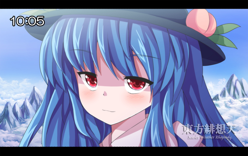 :3 bad_id bad_pixiv_id black_hat blue_hair blush english eyebrows_visible_through_hair fake_screenshot food fruit hat highres hinanawi_tenshi long_hair looking_at_viewer maru_daizu_(aqua6233) peach red_eyes scarlet_weather_rhapsody smile solo time touhou