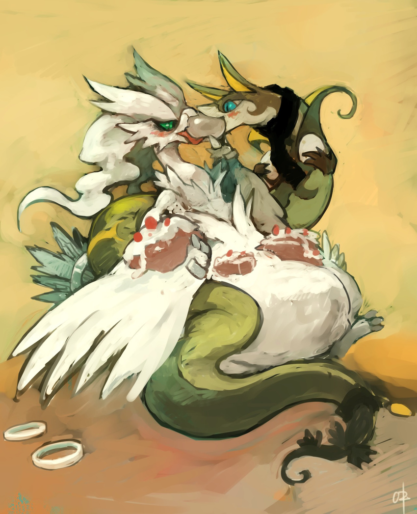 ambiguous_gender blue_eyes cake digital_media_(artwork) digital_painting_(artwork) duo eating feral food legendary_pok&eacute;mon nintendo ouroporos pok&eacute;mon reshiram scarf serperior simple_background video_games