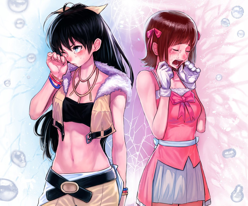 abs amami_haruka beyond_the_vibes black_hair blue_eyes brown_hair bukimi_isan crying ganaha_hibiki idolmaster idolmaster_(classic) midriff multiple_girls navel open_mouth ponytail ribbon snow_strawberry_(idolmaster)