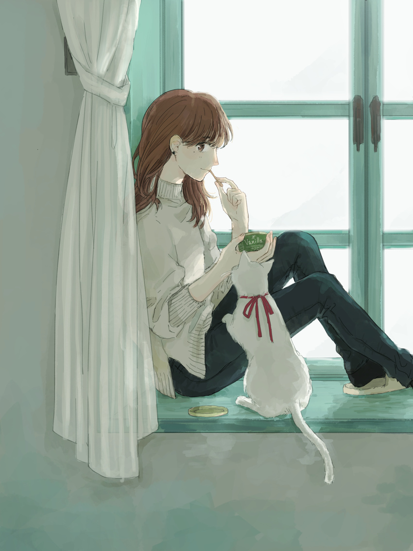 bangs black_legwear brown_hair cat closed_mouth curtains day denim earrings food from_side highres hinao_(flowerrabbit2348) ice_cream jeans jewelry long_hair looking_at_viewer mole mole_under_eye neck_ribbon original pants pet profile red_ribbon ribbon sitting sketch slippers socks sunlight sweater turtleneck turtleneck_sweater white_cat white_sweater window