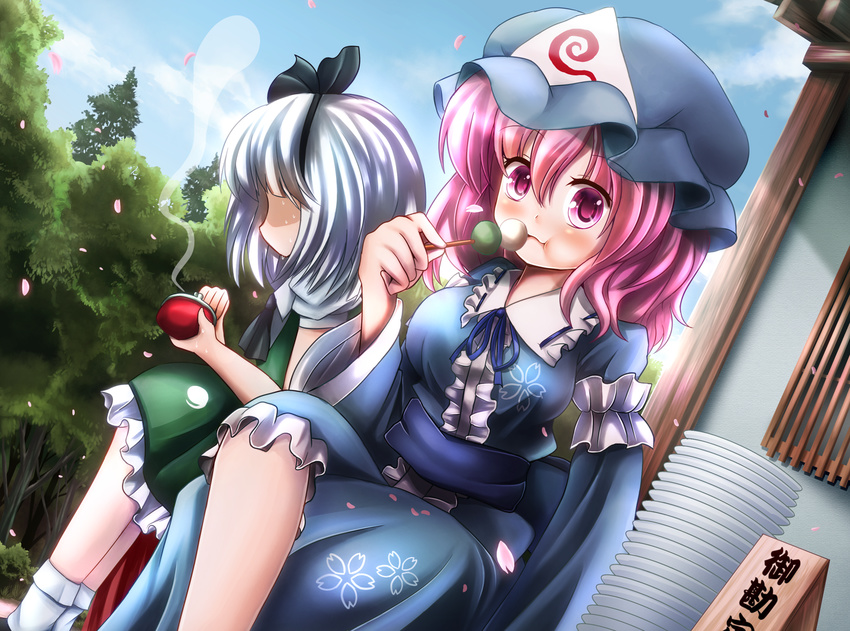 bad_id bad_pixiv_id blue_ribbon blush breasts crossed_legs eating eyebrows_visible_through_hair food frills hat headband highres hitodama japanese_clothes konpaku_youmu konpaku_youmu_(ghost) large_breasts long_sleeves looking_at_viewer looking_away maru_daizu_(aqua6233) mob_cap multiple_girls pink_eyes pink_hair ribbon saigyouji_yuyuko shaded_face short_hair short_sleeves silver_hair sweatdrop takoyaki touhou translation_request triangular_headpiece