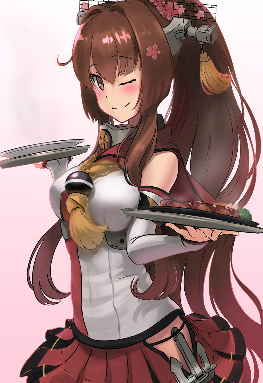 ao_iro bare_shoulders breasts brown_eyes brown_hair detached_sleeves flower food hair_flower hair_ornament highres holding holding_plate kantai_collection large_breasts long_hair miniskirt one_eye_closed pink_background pink_flower plate pleated_skirt ponytail red_skirt skirt smile solo steak very_long_hair yamato_(kantai_collection)