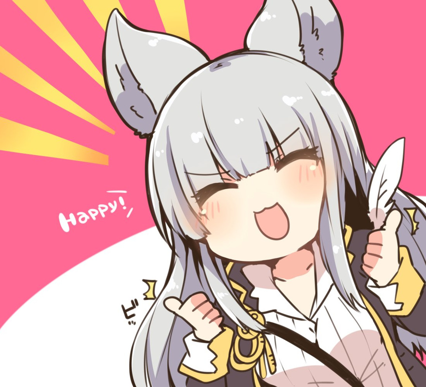 alternate_costume animal_ears breasts chibi coat double_thumbs_up feathers granblue_fantasy kaenuco korwa long_hair medium_breasts silver_hair solo thumbs_up