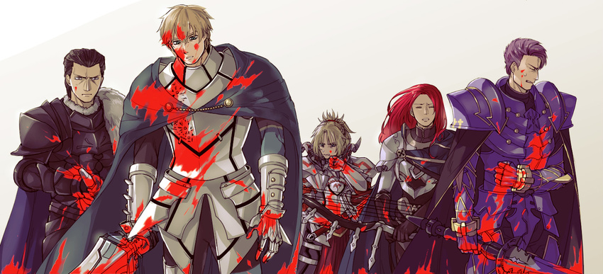 1girl 4boys agravain_(fate/grand_order) armor black_hair blonde_hair blood blue_eyes bow_(weapon) cape eyes_closed fate/apocrypha fate/extra fate/grand_order fate_(series) gauntlets gawain_(fate/extra) gloves grey_eyes lancelot_(fate/grand_order) long_hair multiple_boys open_mouth pants ponytail purple_hair red_hair saber_of_red short_hair shoulder_pads sword tristan_(fate/grand_order) weapon