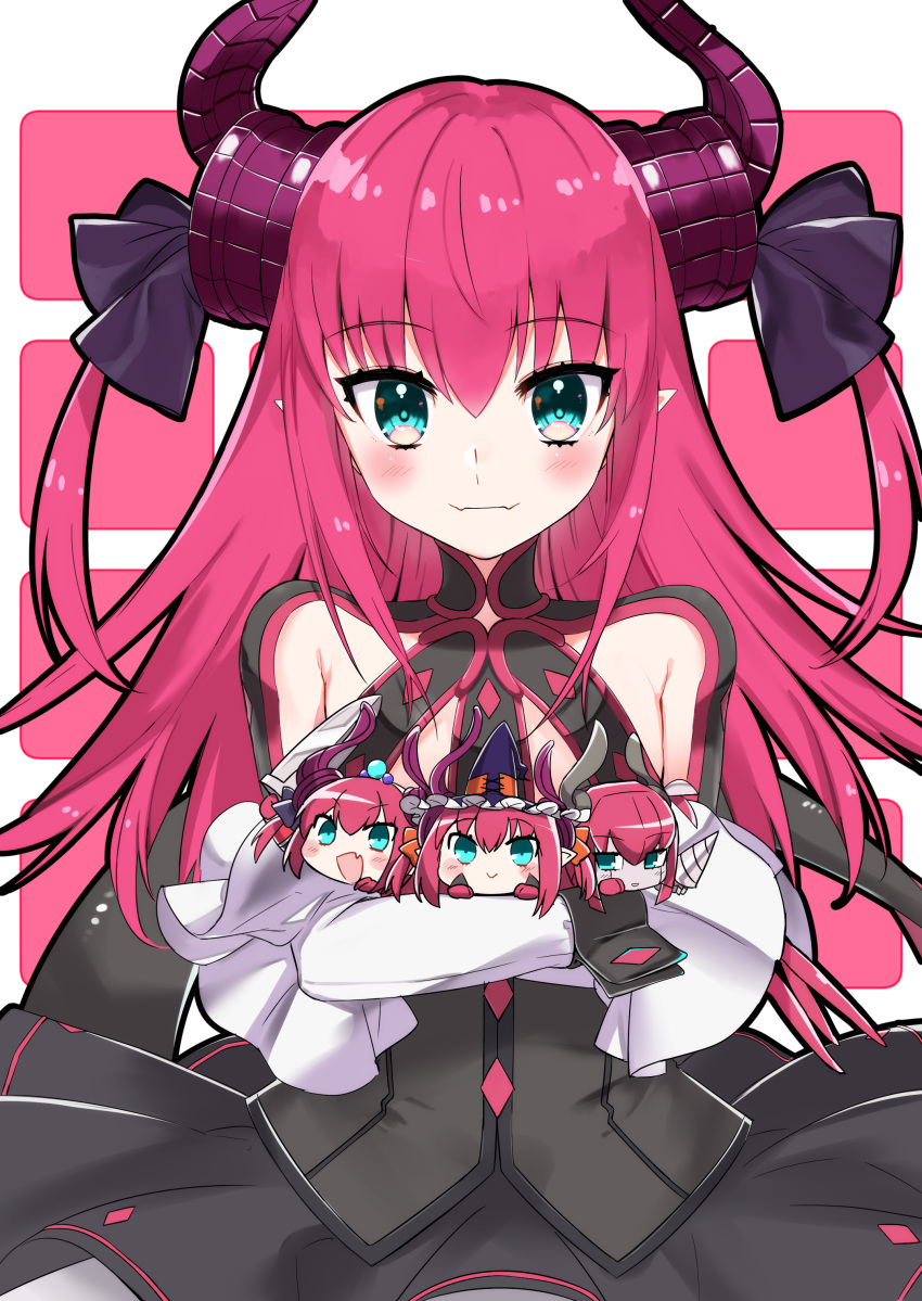 4410_(kanimiso) 4girls :&gt; :d absurdres bangs black_dress blue_eyes blush chibi closed_mouth commentary_request cowboy_shot curled_horns detached_sleeves dragon_girl dragon_horns dragon_tail dress drill elizabeth_bathory_(brave)_(fate) elizabeth_bathory_(fate) elizabeth_bathory_(fate)_(all) eyebrows_visible_through_hair fang fate/grand_order fate_(series) grey_skin hat highres holding holding_sword holding_weapon horns long_hair long_sleeves looking_at_viewer mecha_eli-chan minigirl multicolored multicolored_eyes multiple_girls multiple_persona open_mouth pink_background pink_eyes pink_hair purple_hat smile sword tail tiara two-tone_background two_side_up very_long_hair weapon witch_hat wrist_cuffs