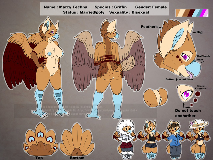 anthro avian big_ears bisexual breasts butt chibi clothing cute female fur gryphon looking_at_viewer male markings mazzy_techna model_sheet nipples nude pussy singingbirdstudio solo standing