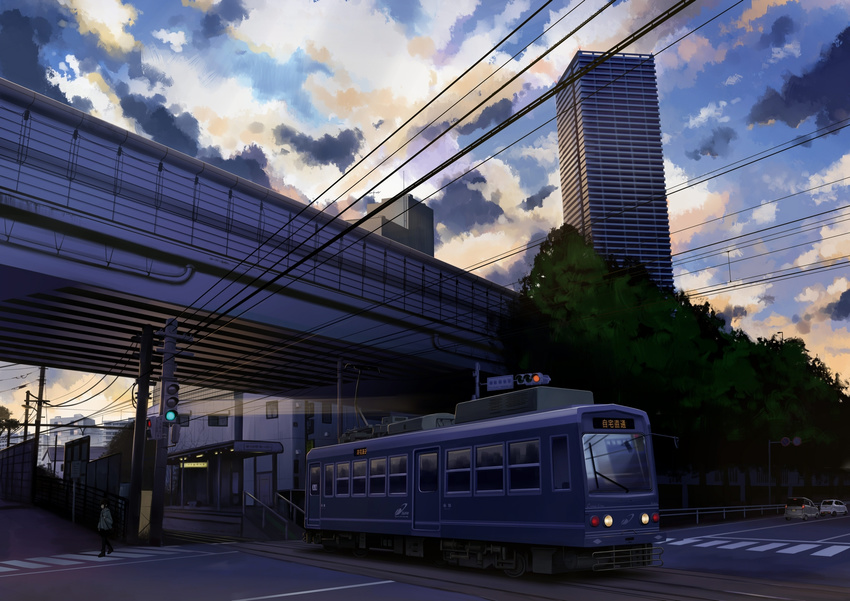 bridge building car city cloud crosswalk dark gensuke_(ryun) ground_vehicle highres motor_vehicle original overhead_line power_lines railroad_tracks real_world_location road road_sign scenery sign sky street streetcar sunrise telephone_pole tokyo_(city) toshima_(tokyo) traffic_light train_station tree walking