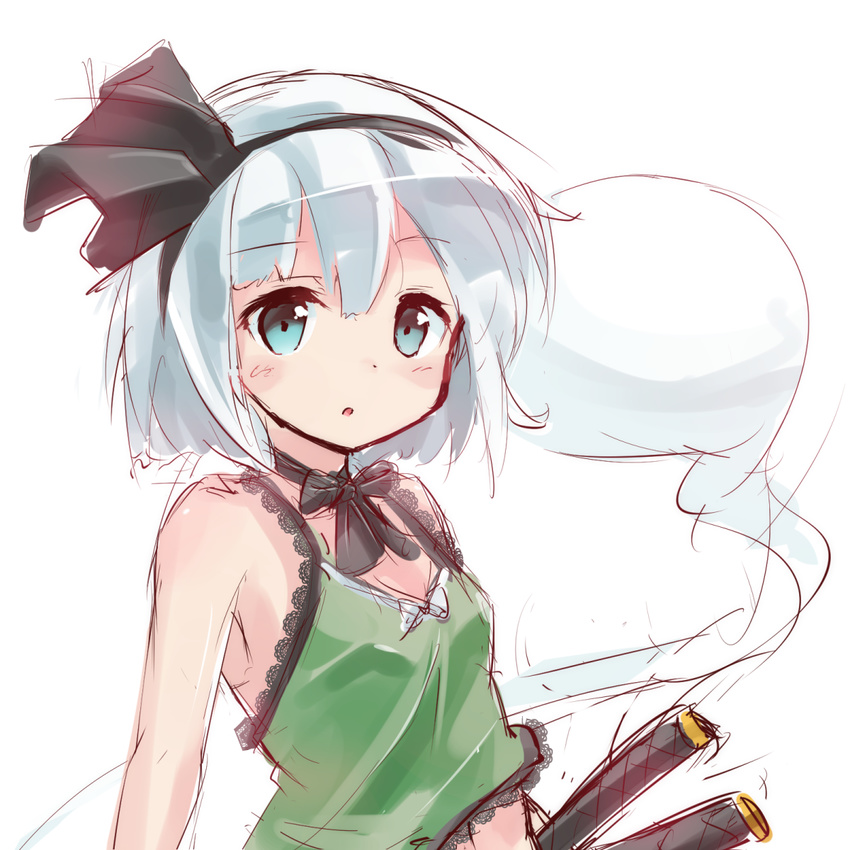 :o adapted_costume armpits bare_arms blue_eyes blush bob_cut breasts camisole casual commentary_request contemporary highres konpaku_youmu konpaku_youmu_(ghost) looking_at_viewer midriff neck_ribbon ribbon ryogo short_hair sketch small_breasts solo sword touhou weapon white_hair
