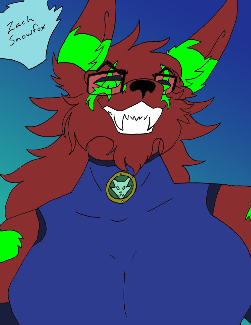 2017 anthro black_nose canine clothed clothing digital_media_(artwork) english_text eyewear fox fur glasses hair looking_at_viewer male mammal muscular redgreenfluffball simple_background smile solo teeth text toothy_grin zach_snowfox