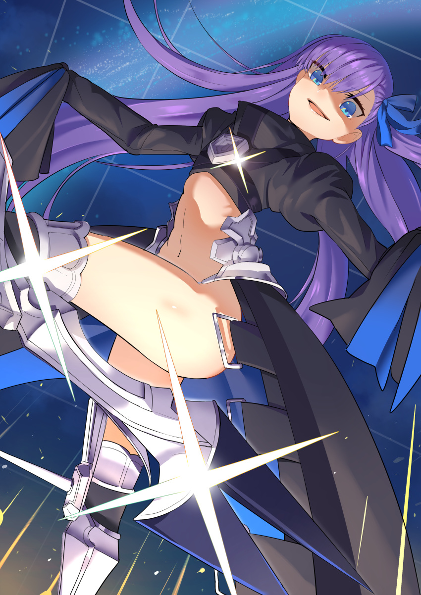 1girl :d absurdres armored_boots bangs blue_background blue_eyes blue_ribbon boots commentary_request crop_top eyebrows_visible_through_hair fate/grand_order fate_(series) faulds from_below glint hair_ornament haowei_wu high_collar highres juliet_sleeves leg_up long_hair long_sleeves looking_at_viewer looking_down meltlilith navel open_mouth puffy_sleeves purple_hair ribbon shaded_face sleeves_past_fingers sleeves_past_wrists smile solo standing standing_on_one_leg stomach thigh_boots thighhighs thighs v-shaped_eyebrows very_long_hair waist_cape