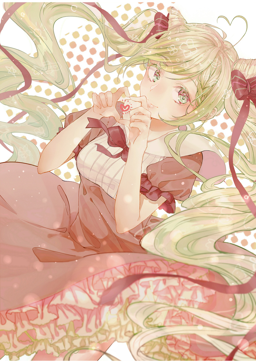 absurdres ahoge bangs blonde_hair blurry bokeh bow bowtie character_request copyright_request depth_of_field double_bun dress dutch_angle frilled_skirt frilled_sleeves frills green_eyes hair_bow heart heart_ahoge heart_hands heart_in_eye highres ichikawa_sae layered_skirt long_hair looking_at_viewer muted_color pink_dress polka_dot polka_dot_background puffy_short_sleeves puffy_sleeves red_bow red_neckwear sailor_collar short_braid short_sleeves skirt smile solo star star_in_eye striped striped_bow swept_bangs symbol_in_eye twintails very_long_hair