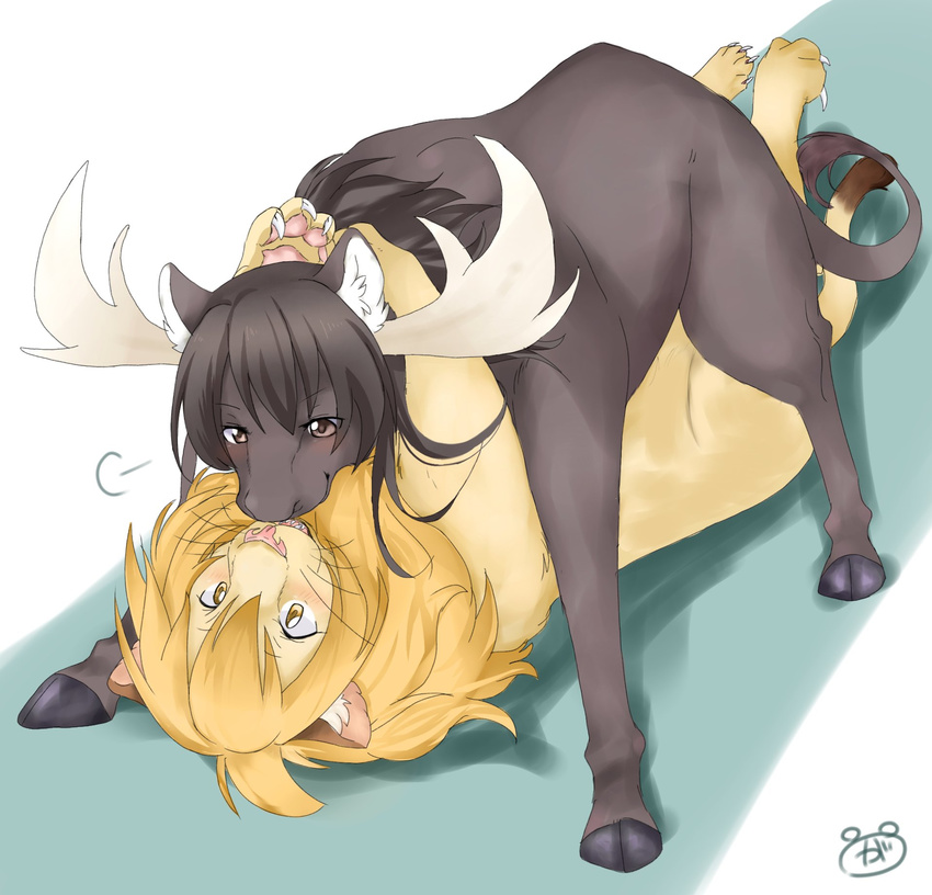 2girls artist_request black_hair blonde_hair bull cat character_request furry long_hair