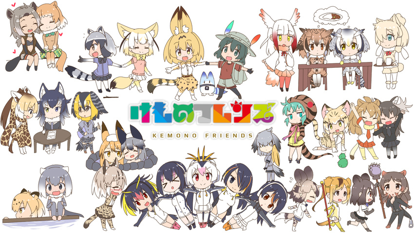 &gt;_&lt; african_wild_dog_(kemono_friends) alpaca_ears alpaca_suri_(kemono_friends) alpaca_tail american_beaver_(kemono_friends) animal_ears antlers arm_up backpack bag bangs bear_ears bear_tail beaver_ears beaver_tail bird_tail bird_wings black-tailed_prairie_dog_(kemono_friends) black_bra black_hair black_legwear blonde_hair blunt_bangs bow bowtie bra breasts brown_bear_(kemono_friends) campo_flicker_(kemono_friends) cat_ears cat_tail chair cleavage closed_eyes closed_mouth commentary_request common_raccoon_(kemono_friends) copyright_name cup dog_ears dog_tail elbow_gloves emperor_penguin_(kemono_friends) eurasian_eagle_owl_(kemono_friends) everyone eyebrows eyebrows_visible_through_hair ezo_red_fox_(kemono_friends) fennec_(kemono_friends) food fox_ears fox_tail full_body gentoo_penguin_(kemono_friends) giraffe_ears giraffe_horns giraffe_tail gloves golden_snub-nosed_monkey_(kemono_friends) green_hair grey_hair grey_wolf_(kemono_friends) hair_over_one_eye hat head_wings heart heterochromia highres hippopotamus_ears holding holding_hands holding_weapon humboldt_penguin_(kemono_friends) jaguar_(kemono_friends) jaguar_ears japanese_crested_ibis_(kemono_friends) kaban_(kemono_friends) kemono_friends lion_(kemono_friends) lion_ears lion_tail long_sleeves looking_at_viewer lucky_beast_(kemono_friends) makuran margay_(kemono_friends) medium_breasts monkey_ears monkey_tail moose_(kemono_friends) moose_ears moose_tail multicolored_hair multiple_girls necktie northern_white-faced_owl_(kemono_friends) open_mouth orange_hair otter_ears otter_tail pleated_skirt polka_dot_gloves polka_dot_skirt prairie_dog_ears prairie_dog_tail profile raccoon_ears raccoon_tail reticulated_giraffe_(kemono_friends) robot rockhopper_penguin_(kemono_friends) royal_penguin_(kemono_friends) serval_(kemono_friends) serval_ears serval_tail shoebill_(kemono_friends) short_sleeves silver_fox_(kemono_friends) sitting skirt small-clawed_otter_(kemono_friends) small_breasts snake_tail spoon stick striped_tail table tail thighhighs two-tone_hair underwear wallpaper water weapon white_background white_hair white_skirt wings wolf_ears zettai_ryouiki