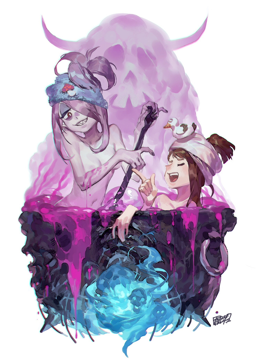 :d alternate_hairstyle artist_name bangs bath bathing breasts brown_hair bubble cauldron closed_eyes collarbone eyeliner eyeshadow fingernails hair_ornament hair_over_one_eye hairclip highres holding holding_staff in_cauldron in_container index_finger_raised kagari_atsuko little_witch_academia long_fingernails long_hair makeup mascara multiple_girls nail_polish nude open_mouth pale_skin partially_submerged purple_hair purple_nails rubber_duck shared_bathing sharp_teeth sidelocks simple_background skull small_breasts smile smoke staff standing sucy_manbavaran teeth tied_hair towel towel_on_head white_background yotsuyu