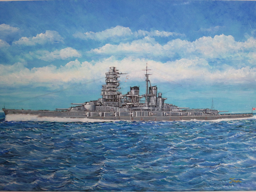 flag hiei_(battleship) highres imperial_japanese_navy military military_vehicle no_humans nobu_(pixiv17498793) ocean original rising_sun ship smokestack sunburst turret warship watercraft waves