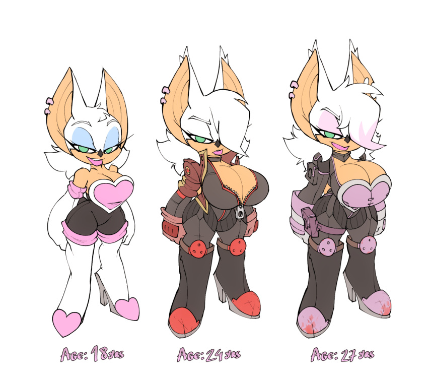 age_progression big_breasts bigdad breasts chiropteran clothing english_text eyeshadow female hair hair_over_eye high_heeled_boots jacket lipstick looking_at_viewer makeup mammal rouge_the_bat smile solo sonic_(series) text