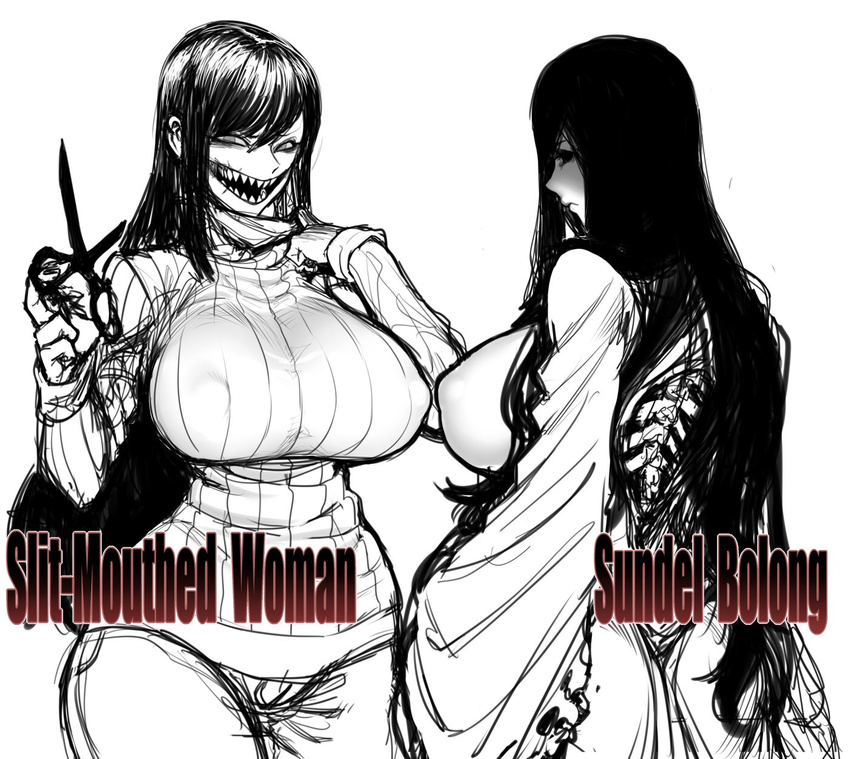 breasts covered_nipples cowboy_shot curvy evil_grin evil_smile from_behind frown grin highres hips kuchisake-onna large_breasts long_hair long_sleeves multiple_girls ribbed_sweater scissors shaded_face sharp_teeth sidelocks smile space_jin spine sundel_bolong sweater teeth thick_thighs thighs tsurime turtleneck wide_hips