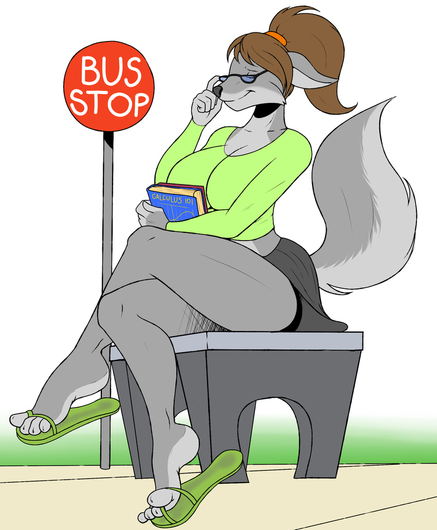 anthro big_breasts book breasts brown_hair canine chloe_shiwulf cleavage clothed clothing crop_top eyes_closed eyewear feet female flip_flops footwear fur glasses grey_fur hair mammal midriff paws ponytail sandals seat shirt skirt smile solo toes wolf zp92