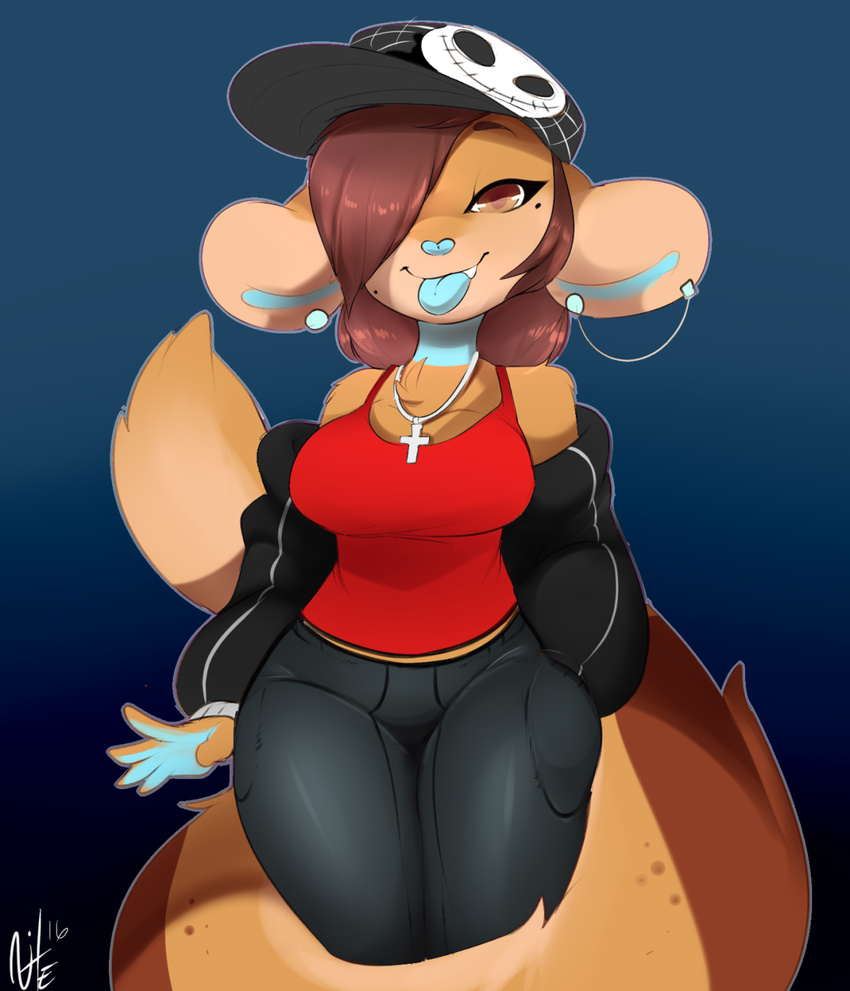 anthro breasts clothed clothing female fur hair hat jewelry looking_at_viewer mammal monkey necklace nite primate smile solo tongue tongue_out